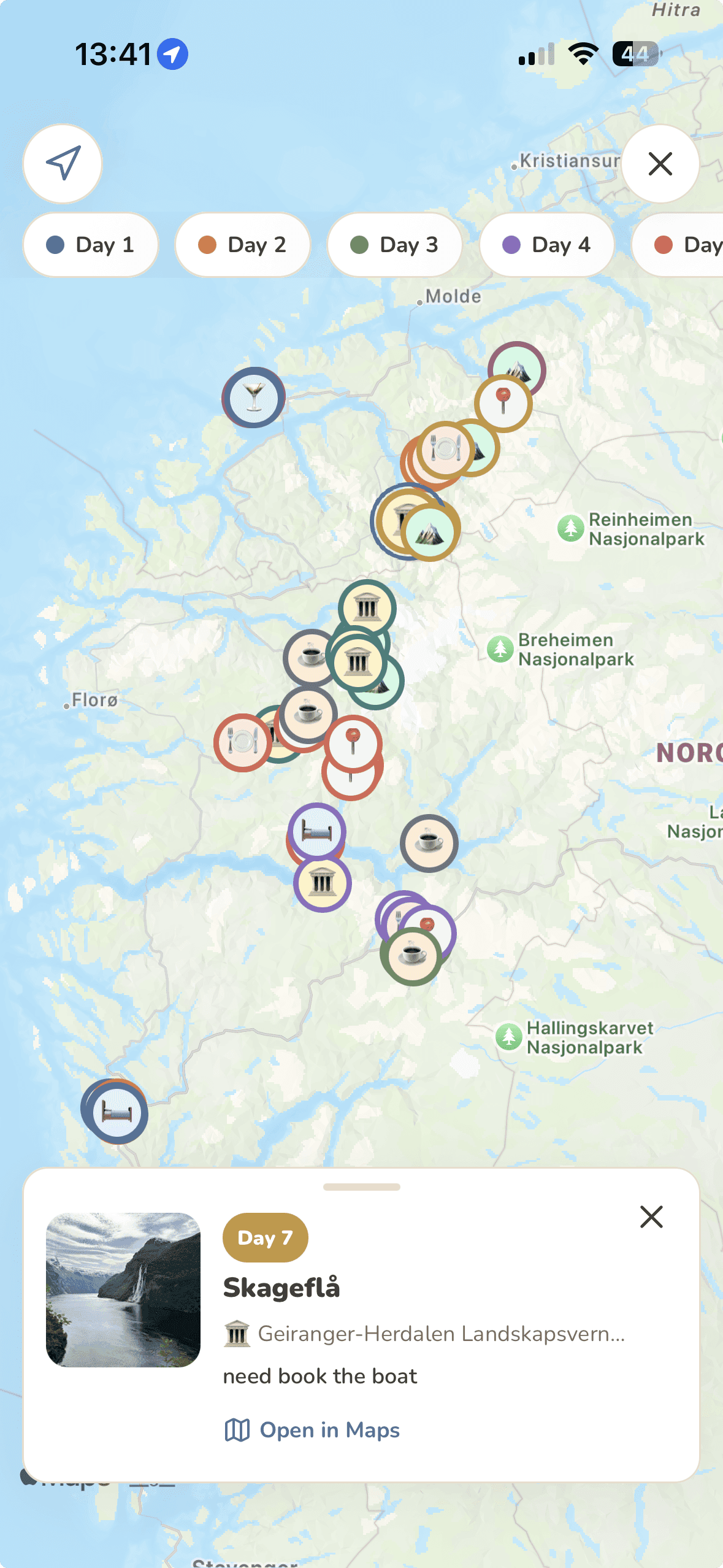 A Tripmunk trip map of western Norway, with each stop colored by day.