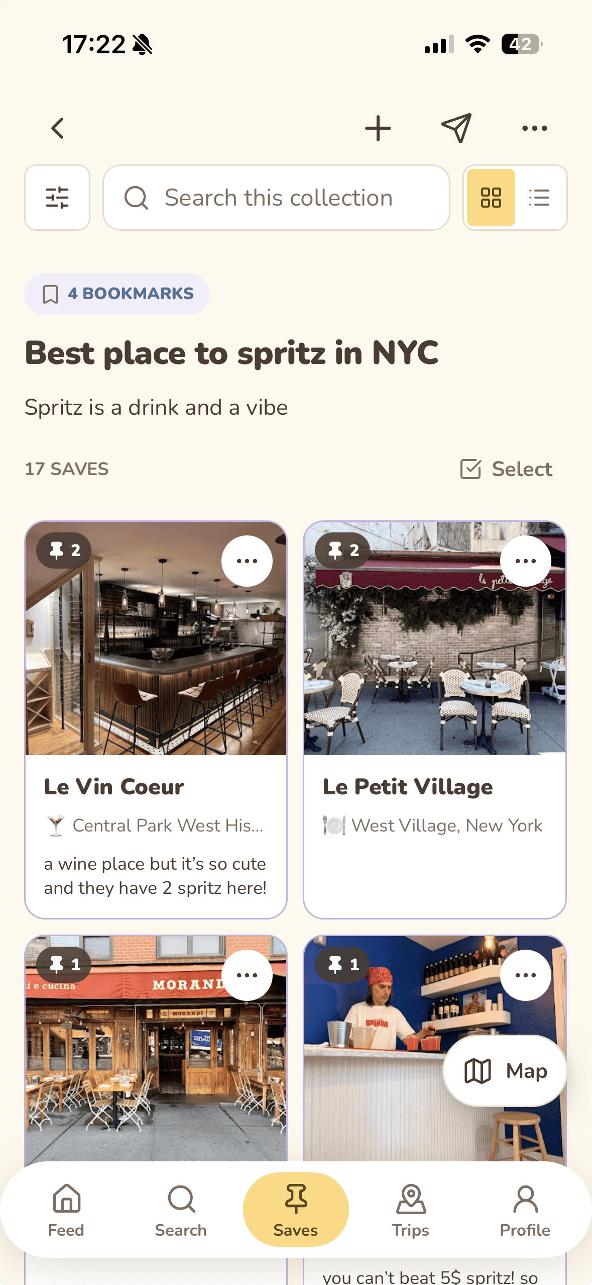 A Tripmunk collection of spritz bars in New York, shown as a grid of saved places.